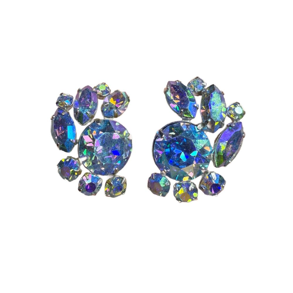 Large Rare Vintage signed Sherman Smokey blue AB earrings.